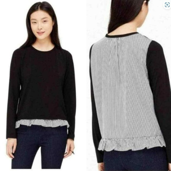 Kate Spade‎ Broome Street Blouse Mixed Media Ruffle Hem Striped Top Size M - Picture 1 of 9